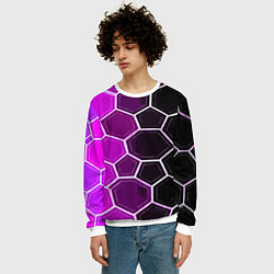 Свитшот мужской Белые шестиугольники на чёрно-фиолетовом фоне, цвет: 3D-белый — фото 2