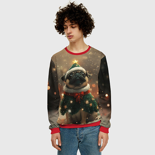 Мужской свитшот Мопс в костюме елки / 3D-Красный – фото 3