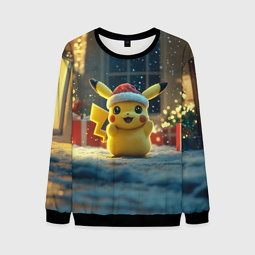 Мужской свитшот Счастливый новогодний Пикачу / 3D-Черный – фото 1
