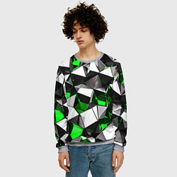 Свитшот мужской Зелёно-белые рельефные треугольники на чёрном фоне, цвет: 3D-меланж — фото 2