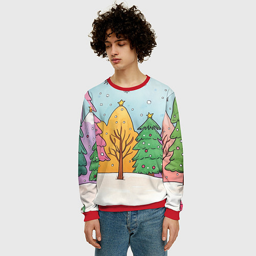 Мужской свитшот Разноцветные елочки и деревья / 3D-Красный – фото 3