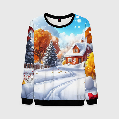 Мужской свитшот Новогодний пейзаж и домики / 3D-Черный – фото 1