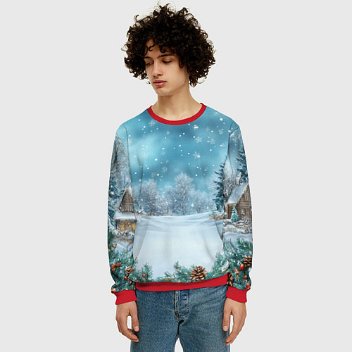 Мужской свитшот Новогодний снег / 3D-Красный – фото 3