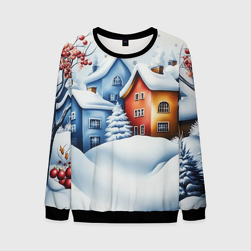 Мужской свитшот Зимний новогодний городской пейзаж / 3D-Черный – фото 1