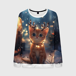 Свитшот мужской Котенок с новогодними рожками, цвет: 3D-белый