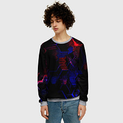 Свитшот мужской Красно-синие точки и линии на чёрном фоне, цвет: 3D-меланж — фото 2