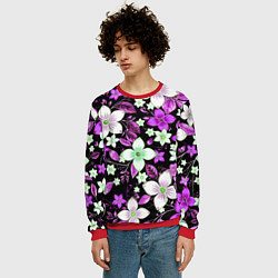 Свитшот мужской Фиолетово-белые цветы на чёрном фоне, цвет: 3D-красный — фото 2