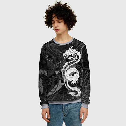 Мужской свитшот Белый трайбл дракон / 3D-Меланж – фото 3