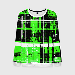 Свитшот мужской Зелёно-белый гранж на чёрном фоне, цвет: 3D-белый