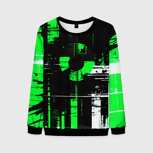 Мужской свитшот Зелёно-белый гранж на чёрном фоне / 3D-Черный – фото 1