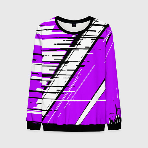 Мужской свитшот Чёрно-белые глитч полосы на фиолетовом фоне / 3D-Черный – фото 1