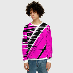 Свитшот мужской Чёрно-белые глитч полосы на розовом фоне, цвет: 3D-белый — фото 2