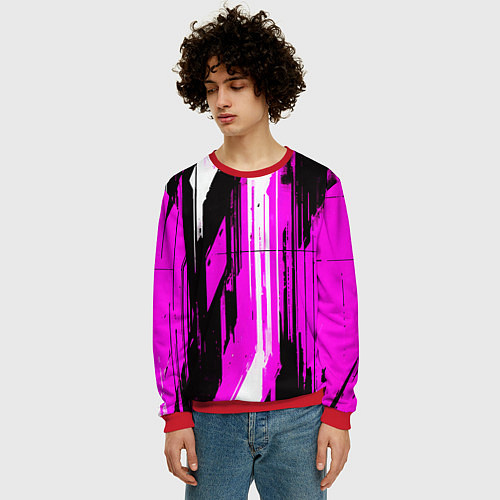 Мужской свитшот Вертикальные чёрно-белые линии на розовом фоне / 3D-Красный – фото 3