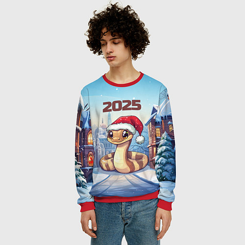 Мужской свитшот Довольная новогодняя змейка 2025 / 3D-Красный – фото 3