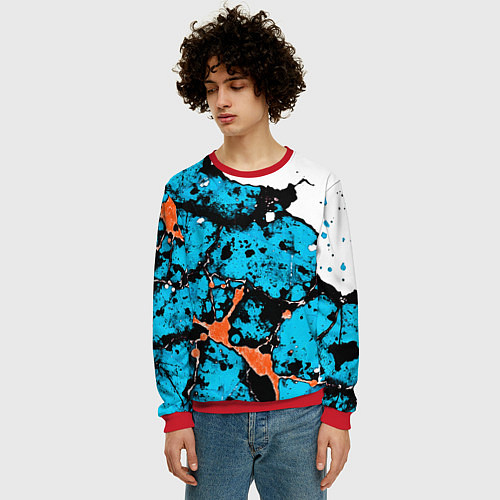 Мужской свитшот Оранжево-голубая абстракция на белом фоне / 3D-Красный – фото 3
