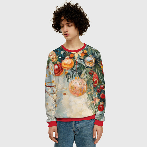 Мужской свитшот Большие и маленькие новогодние шары / 3D-Красный – фото 3