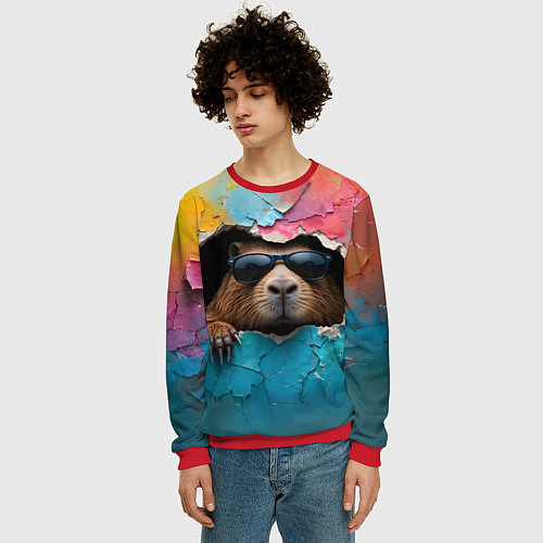 Мужской свитшот Капибара в стене / 3D-Красный – фото 3