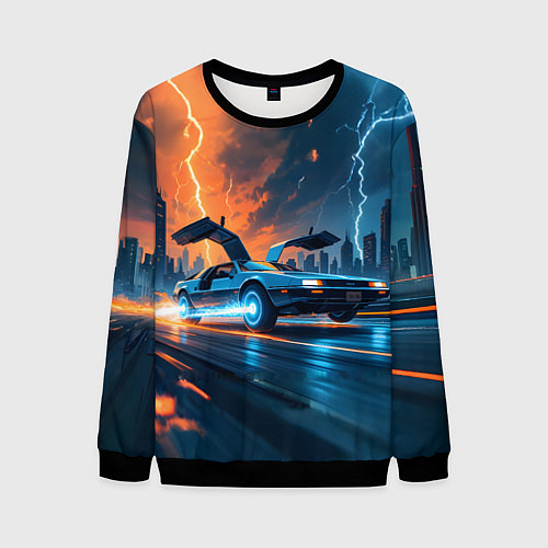 Мужской свитшот Автомобиль и ночные молнии / 3D-Черный – фото 1