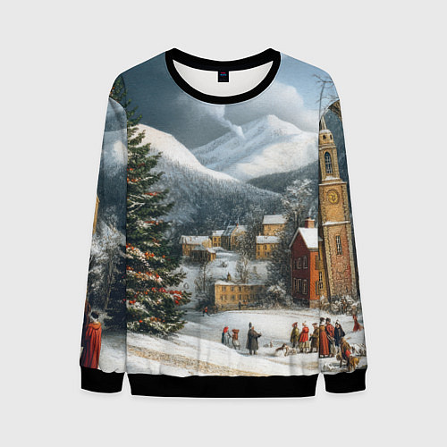 Мужской свитшот Новогодняя огромная елка и маленькие домики / 3D-Черный – фото 1