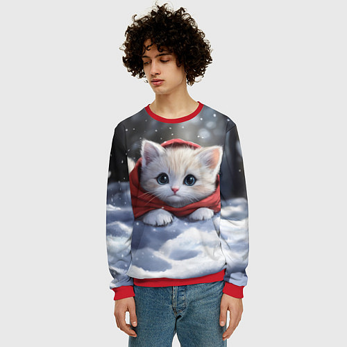 Мужской свитшот Новогодняя кошечка на снегу / 3D-Красный – фото 3