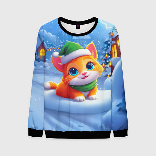 Мужской свитшот Новогодний котенок в зеленой шапочке / 3D-Черный – фото 1