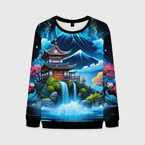 Мужской свитшот Водопад и горы Японии / 3D-Черный – фото 1