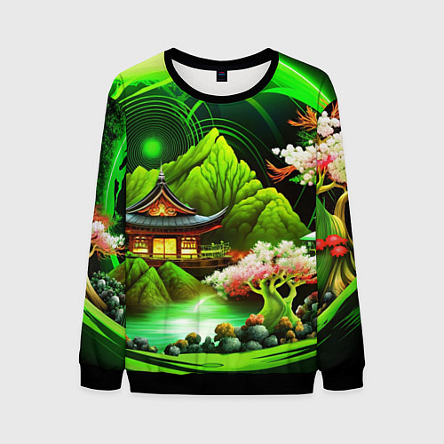 Мужской свитшот Природа Японии в зеленых цветах / 3D-Черный – фото 1