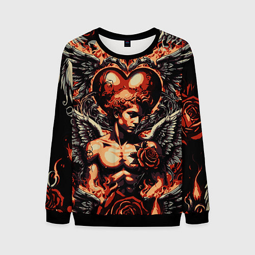Мужской свитшот Ангел на фоне сердца в стиле татуировки / 3D-Черный – фото 1
