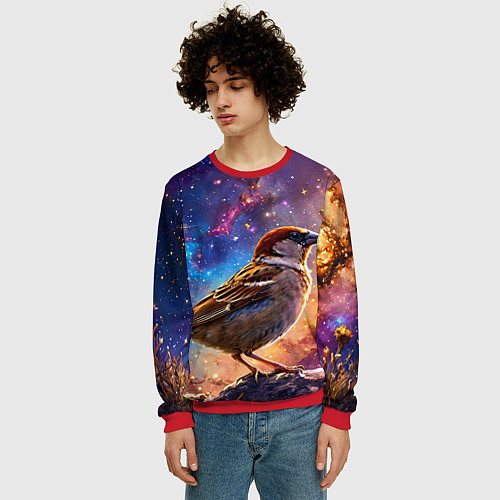 Мужской свитшот Воробей в космосе / 3D-Красный – фото 3