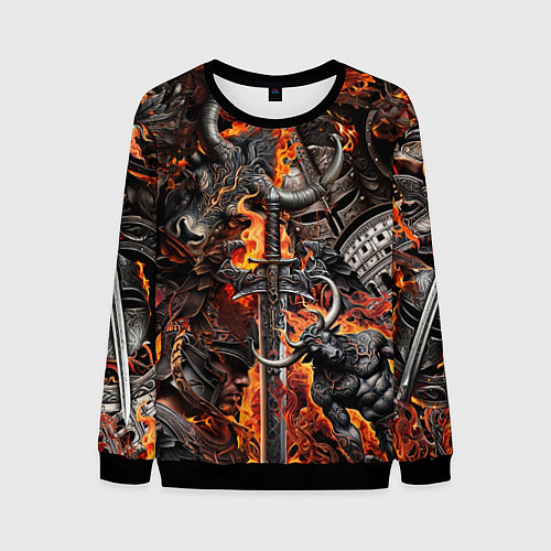 Мужской свитшот Гладиатор и минотавр на фоне огня мечей и щитов / 3D-Черный – фото 1