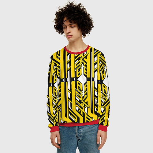 Мужской свитшот Чёрно-жёлтые техно полосы на белом фоне / 3D-Красный – фото 3
