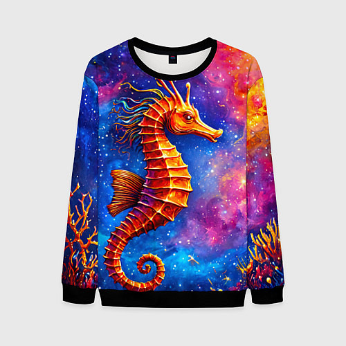 Мужской свитшот Морской конек в космосе / 3D-Черный – фото 1