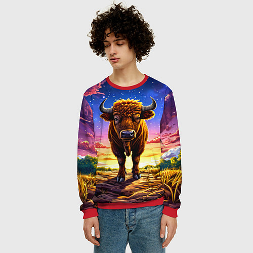 Мужской свитшот Буйвол в звездной ночи / 3D-Красный – фото 3