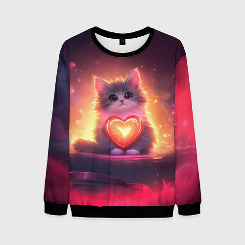 Мужской свитшот Пушистый котик с сердечком / 3D-Черный – фото 1