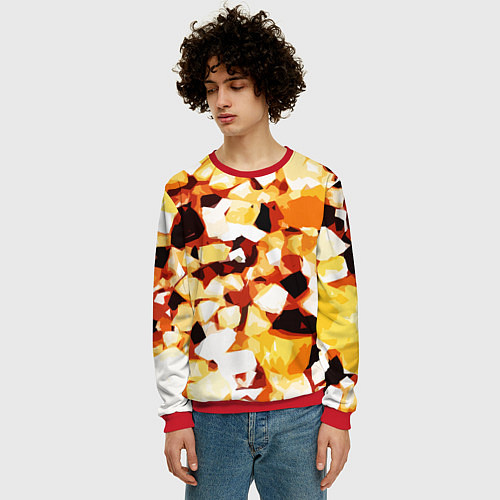 Мужской свитшот Жёлто-белая абстракция на чёрном фоне / 3D-Красный – фото 3