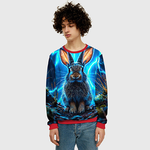 Мужской свитшот Заяц в разрядах молний / 3D-Красный – фото 3