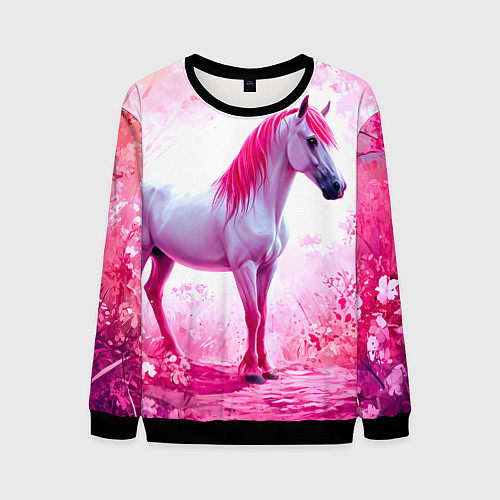 Мужской свитшот Белая лошадь с розовой гривой / 3D-Черный – фото 1