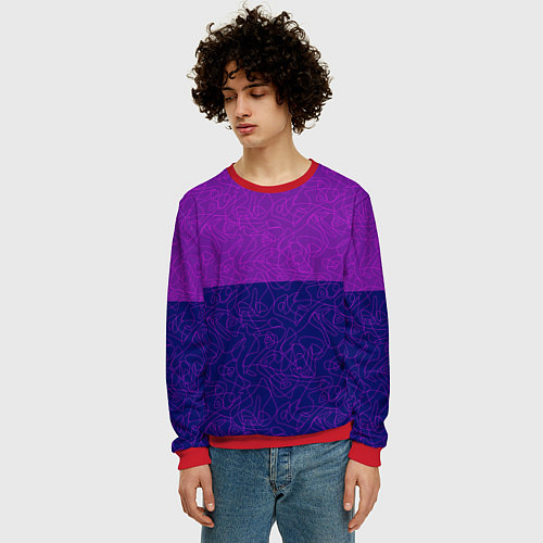 Мужской свитшот Фиолетовый синий узор с абстрактными линиями / 3D-Красный – фото 3