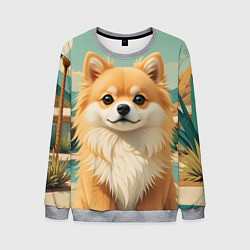 Свитшот мужской Шпиц и пальмы, цвет: 3D-меланж