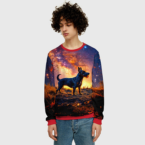 Мужской свитшот Скотч-терьер в космосе / 3D-Красный – фото 3
