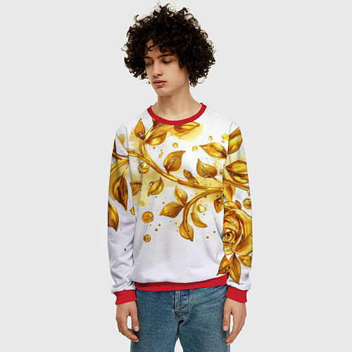 Мужской свитшот Золотые листья на белом / 3D-Красный – фото 3