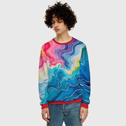 Мужской свитшот Абстрактные волны в мраморном стиле / 3D-Красный – фото 3