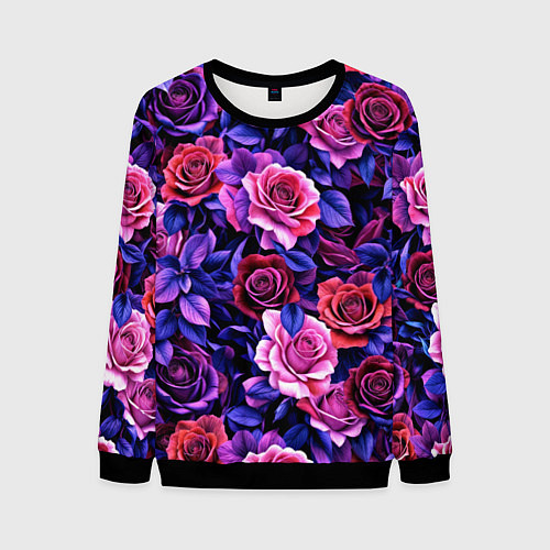 Мужской свитшот Разноцветные цветы - синие розы паттерн / 3D-Черный – фото 1