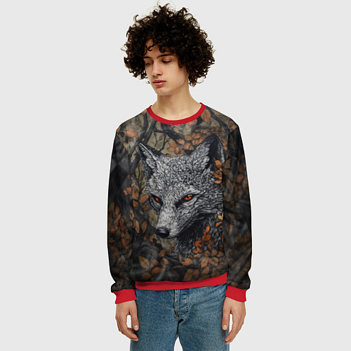 Мужской свитшот Хищный серый лис / 3D-Красный – фото 3