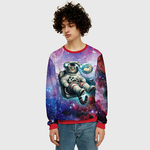 Мужской свитшот Brave cat in space - ai art / 3D-Красный – фото 3