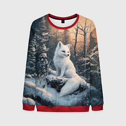Свитшот мужской Белый лисенок в зимнем лесу, цвет: 3D-красный