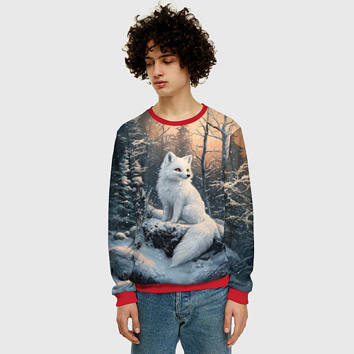 Мужской свитшот Белый лисенок в зимнем лесу / 3D-Красный – фото 3