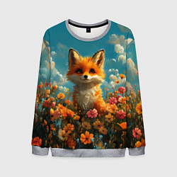 Свитшот мужской Лисица в цветочном поле, цвет: 3D-меланж