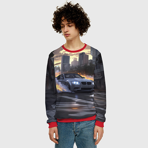 Мужской свитшот БМВ в вечернем городе / 3D-Красный – фото 3