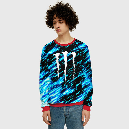 Мужской свитшот Monster energy штрихи голубых неоновых красок / 3D-Красный – фото 3
